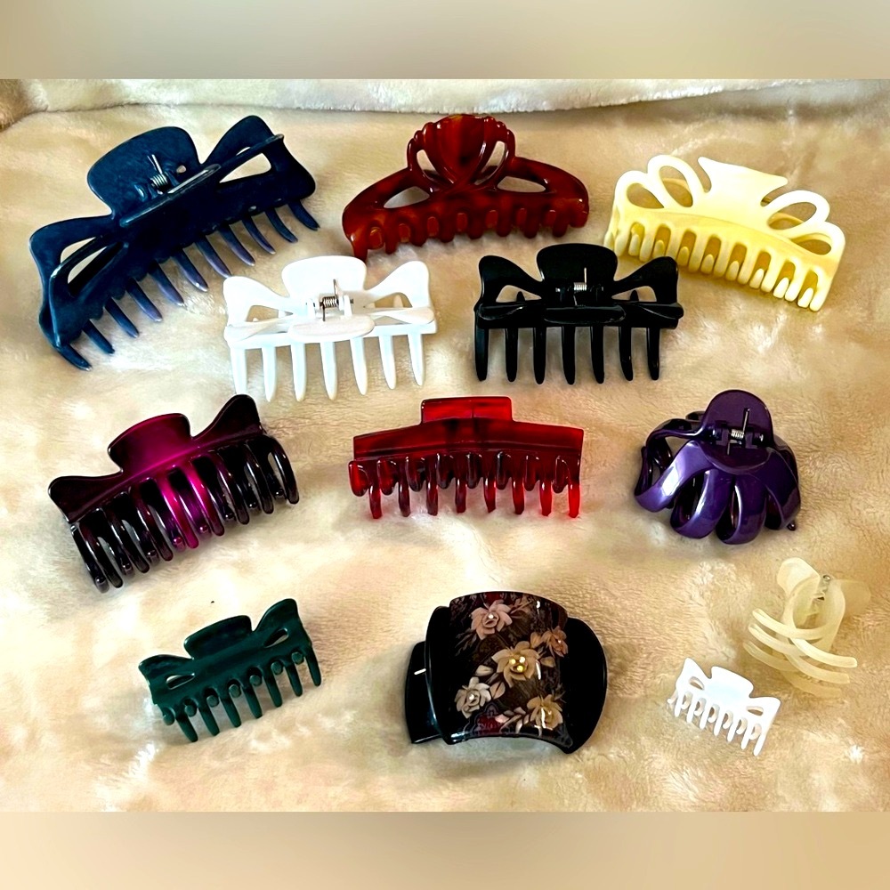 BUNDLE OF 12 👱🏾♀️CLAW HAIR CLIPS BLACK BROWN WHITE BEIGE PURPLE BLUE RED GREEN - Picture 5 of 13